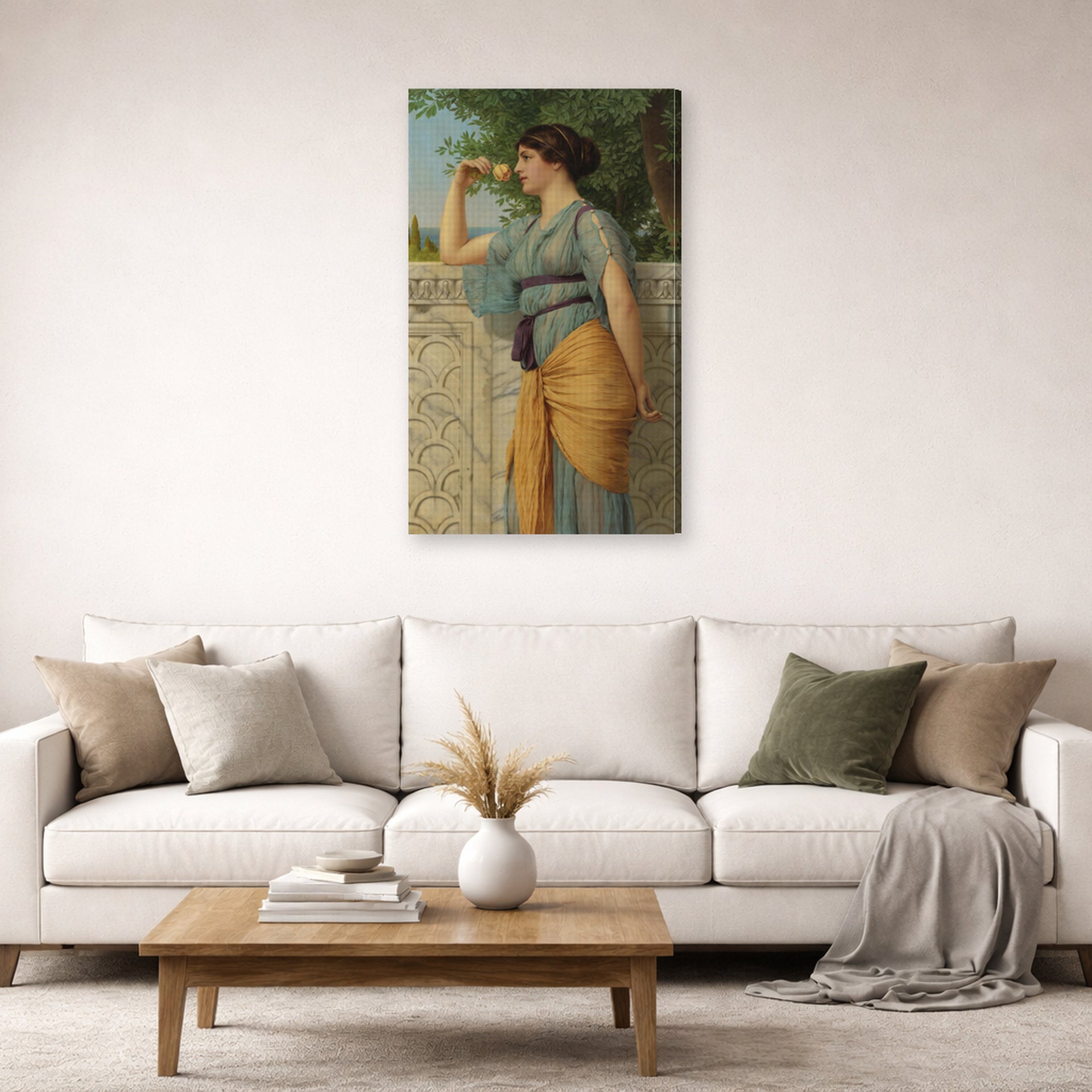 Gallery-wrapped canvas print of John William Godward's Memories displayed on a wall in a living room