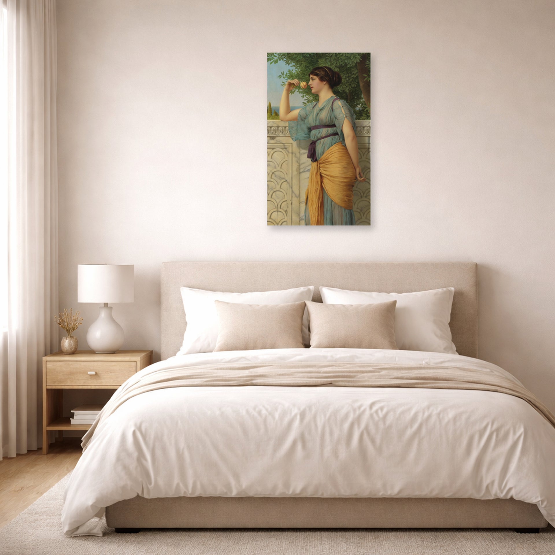 Unframed poster print of John William Godward's Memories displayed on a wall in a bedroom