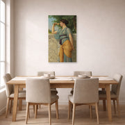 Unframed poster print of John William Godward's Memories displayed on a wall in a dining room