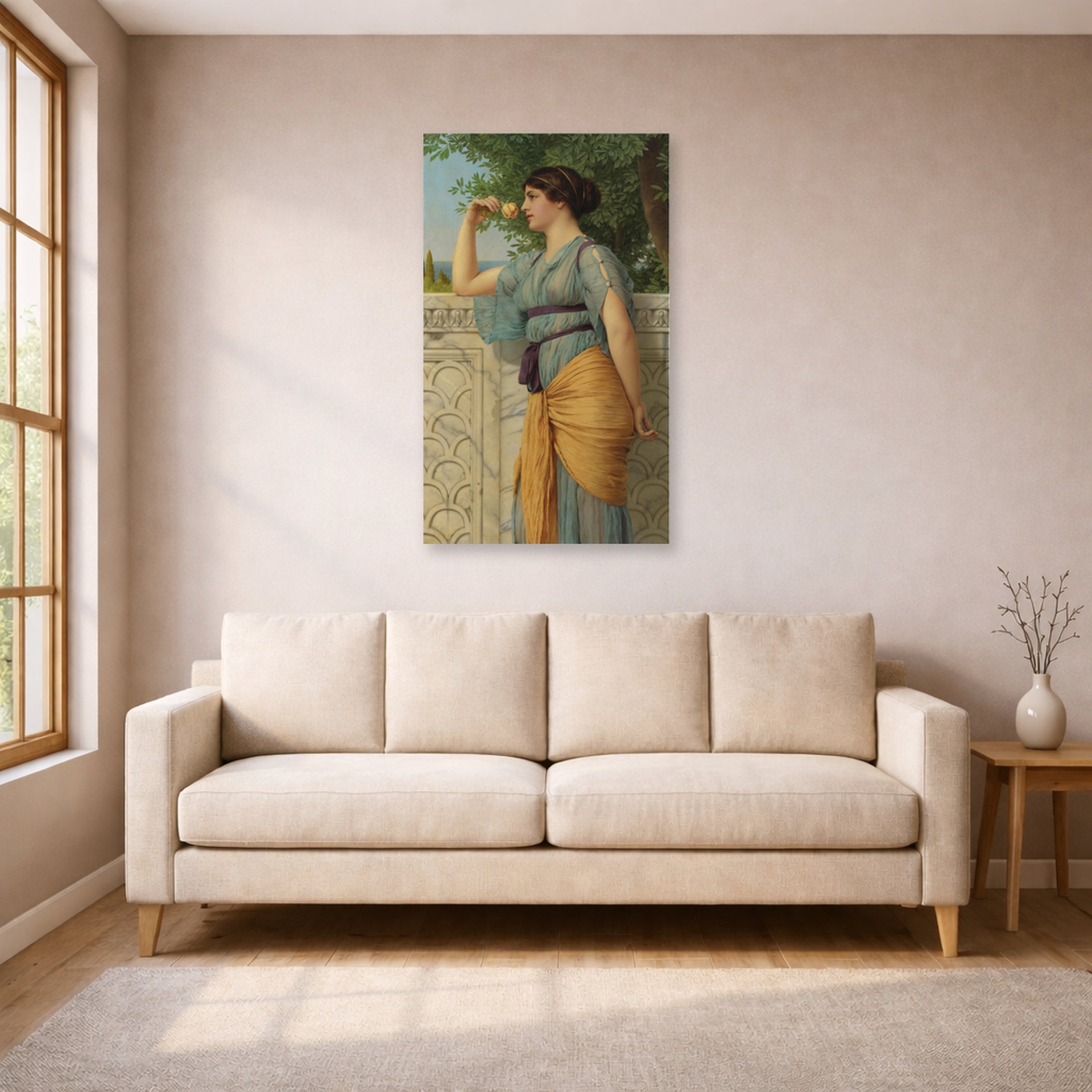 Unframed poster print of John William Godward's Memories displayed on a wall in a living room