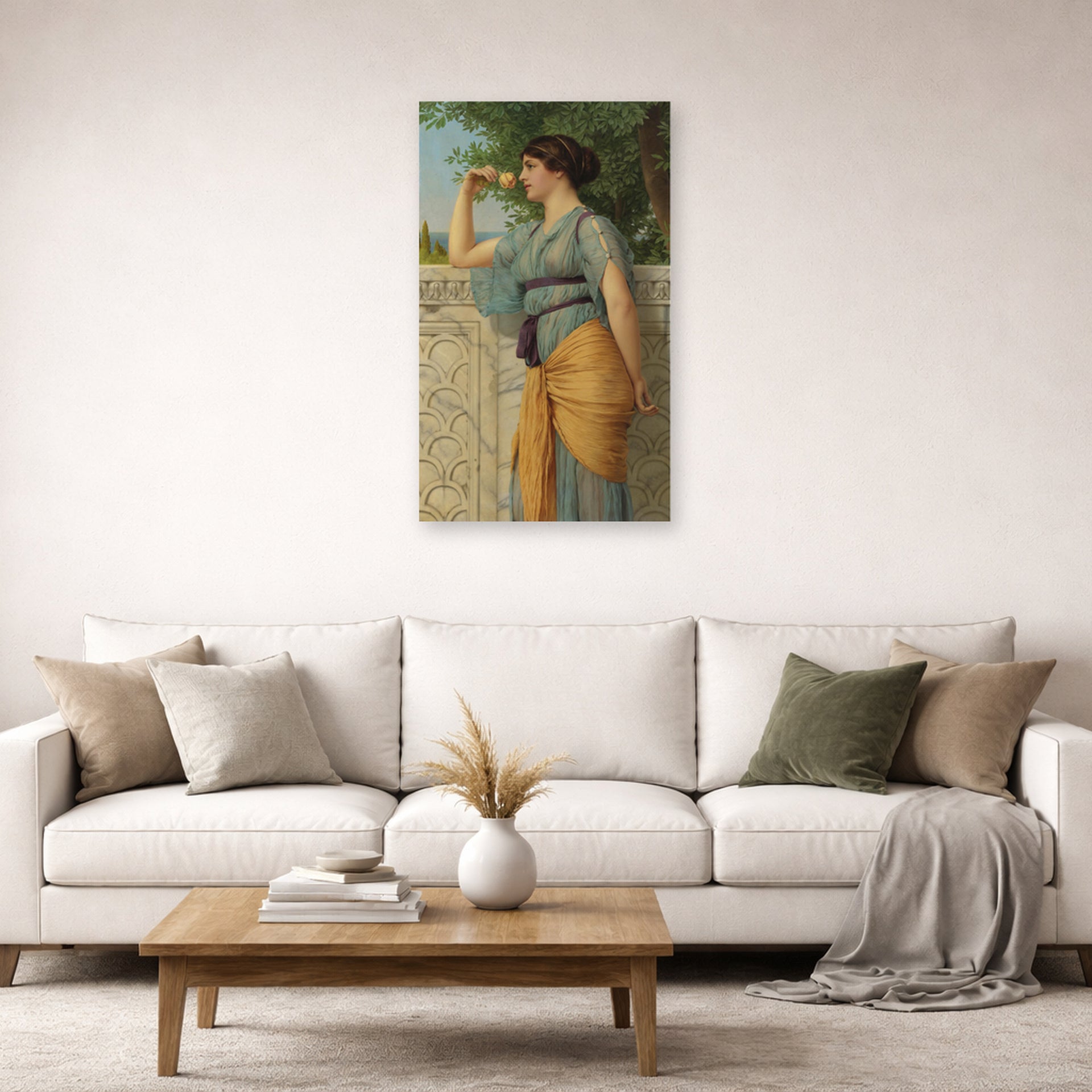 Unframed poster print of John William Godward's Memories displayed on a wall in a living room