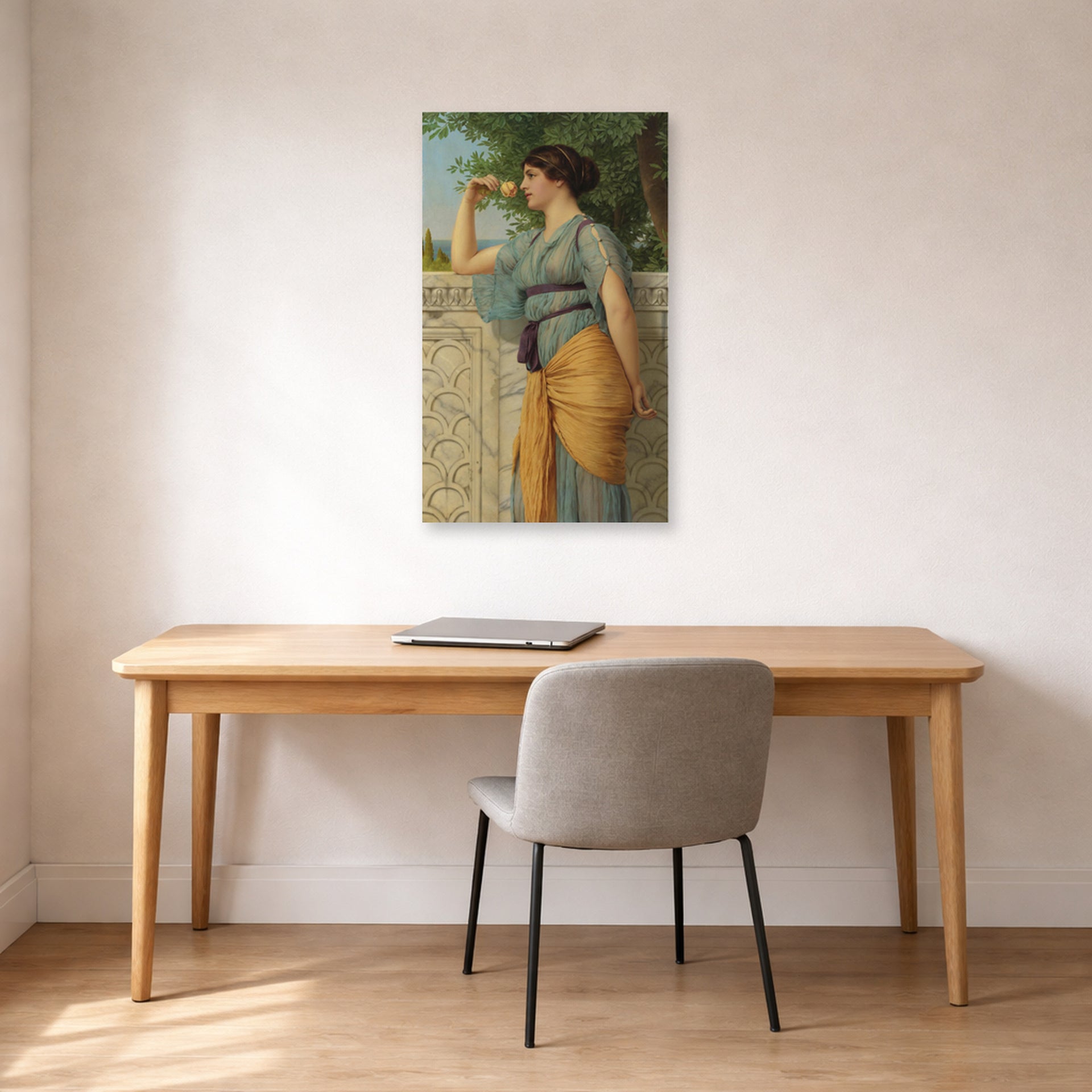 Unframed poster print of John William Godward's Memories displayed on a wall in an office