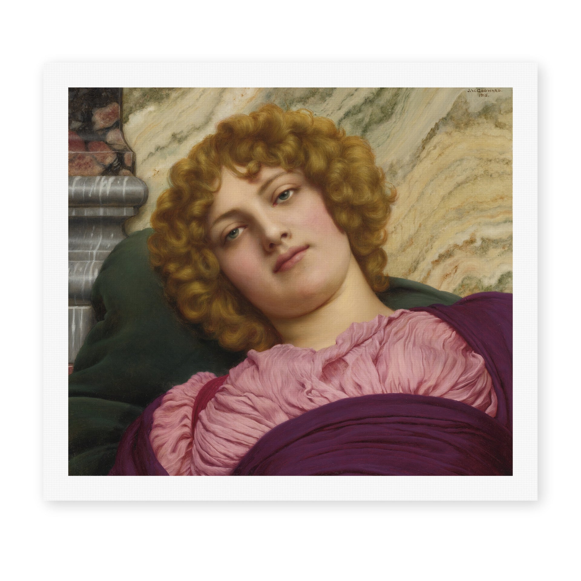 John William Godward's 'Myrhinna' painting reproduced as a rolled canvas print
