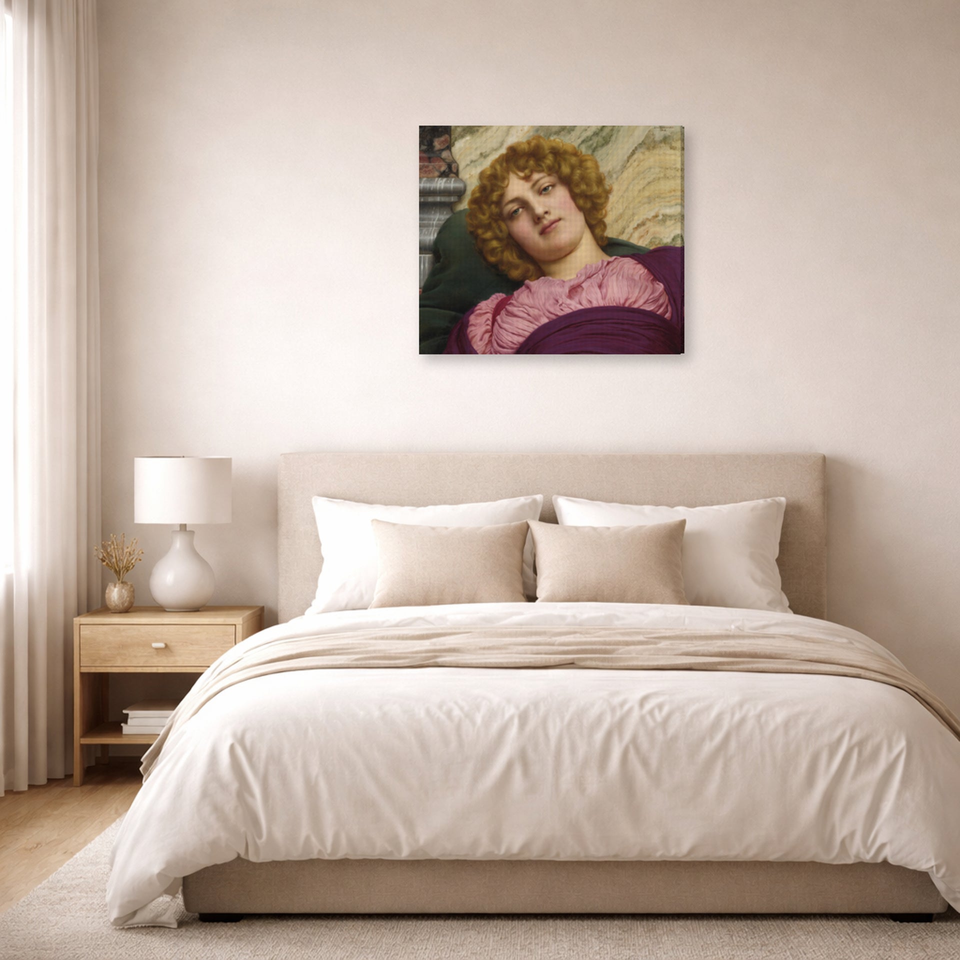 Gallery-wrapped canvas print of John William Godward's Myrhinna displayed on a wall in a bedroom