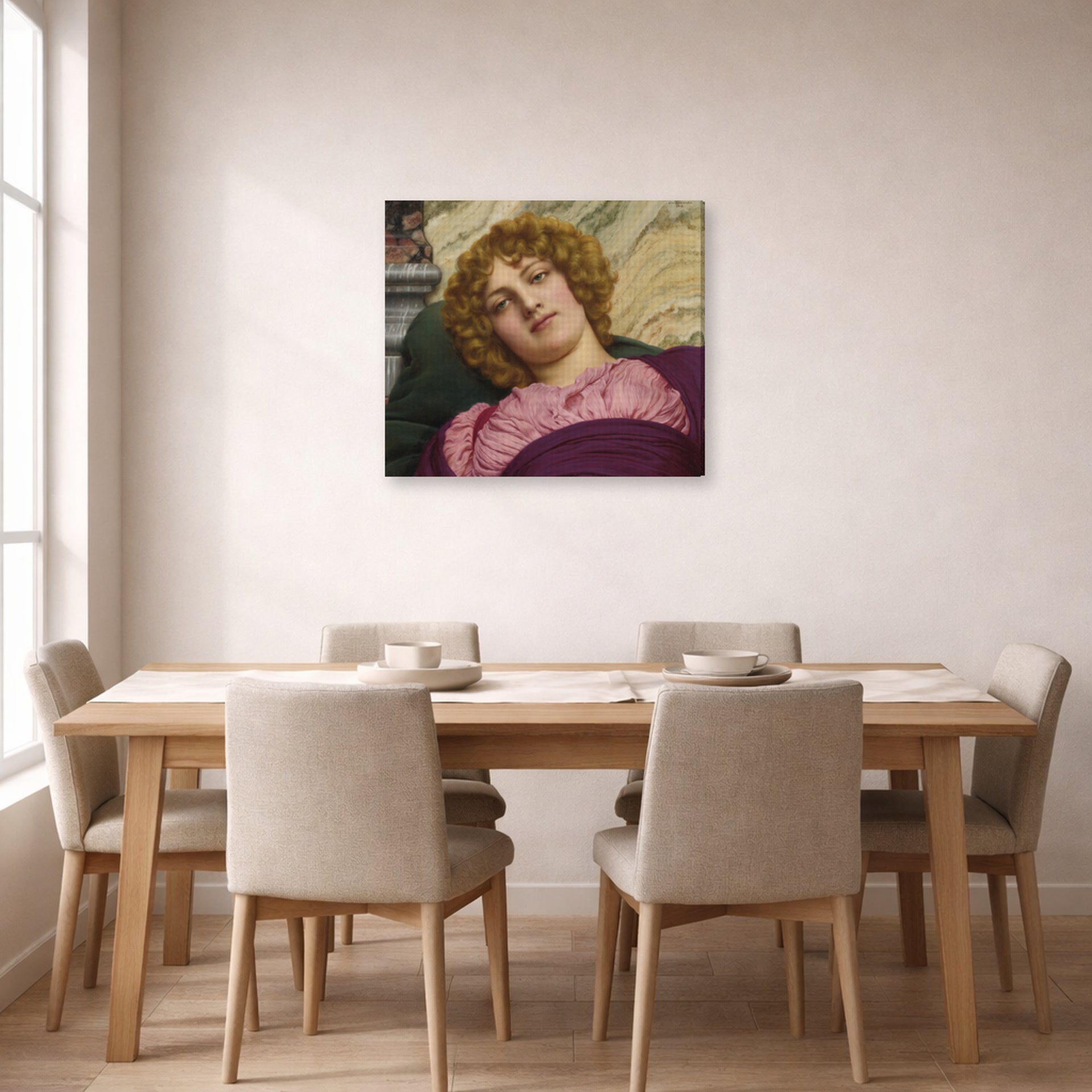 Gallery-wrapped canvas print of John William Godward's Myrhinna displayed on a wall in a dining room