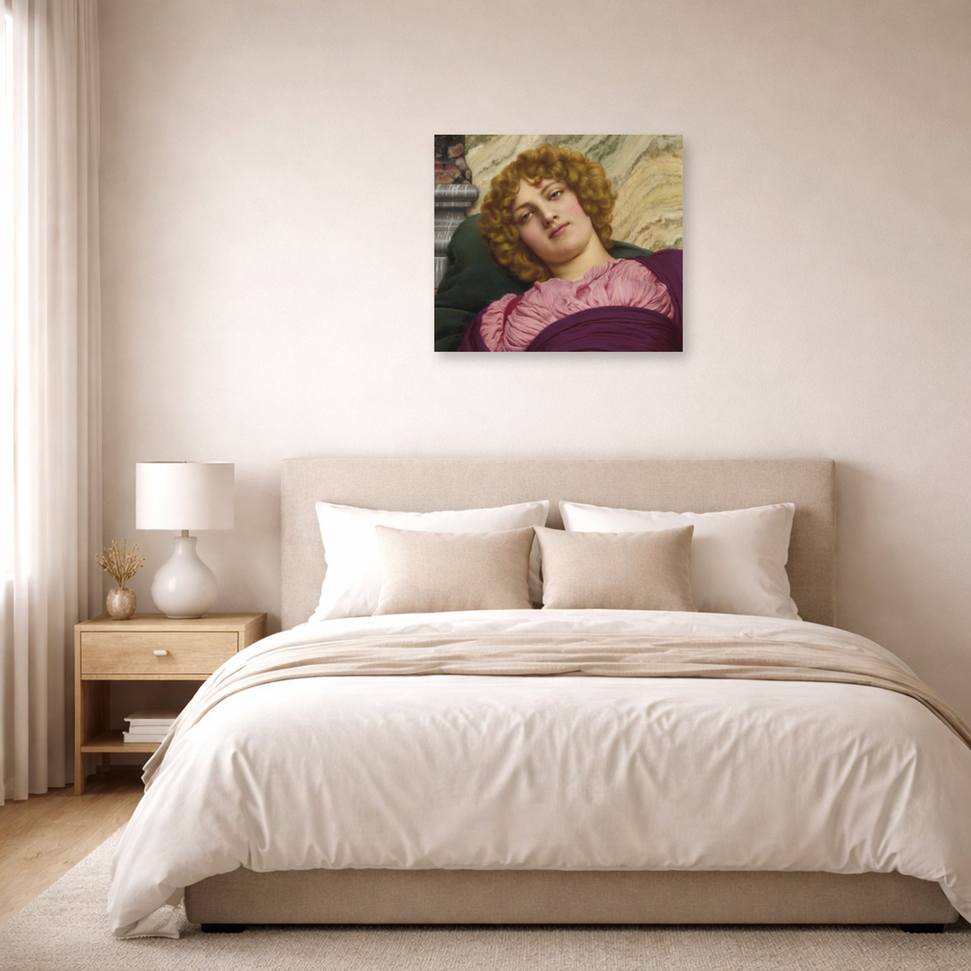 Unframed poster print of John William Godward's Myrhinna displayed on a wall in a bedroom