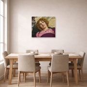 Unframed poster print of John William Godward's Myrhinna displayed on a wall in a dining room