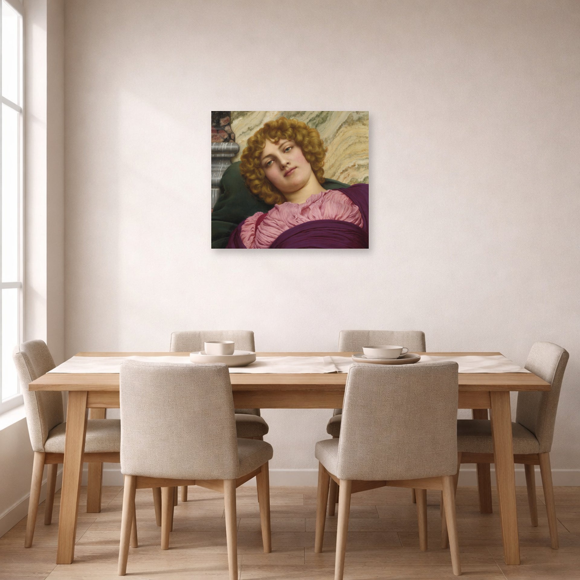 Unframed poster print of John William Godward's Myrhinna displayed on a wall in a dining room