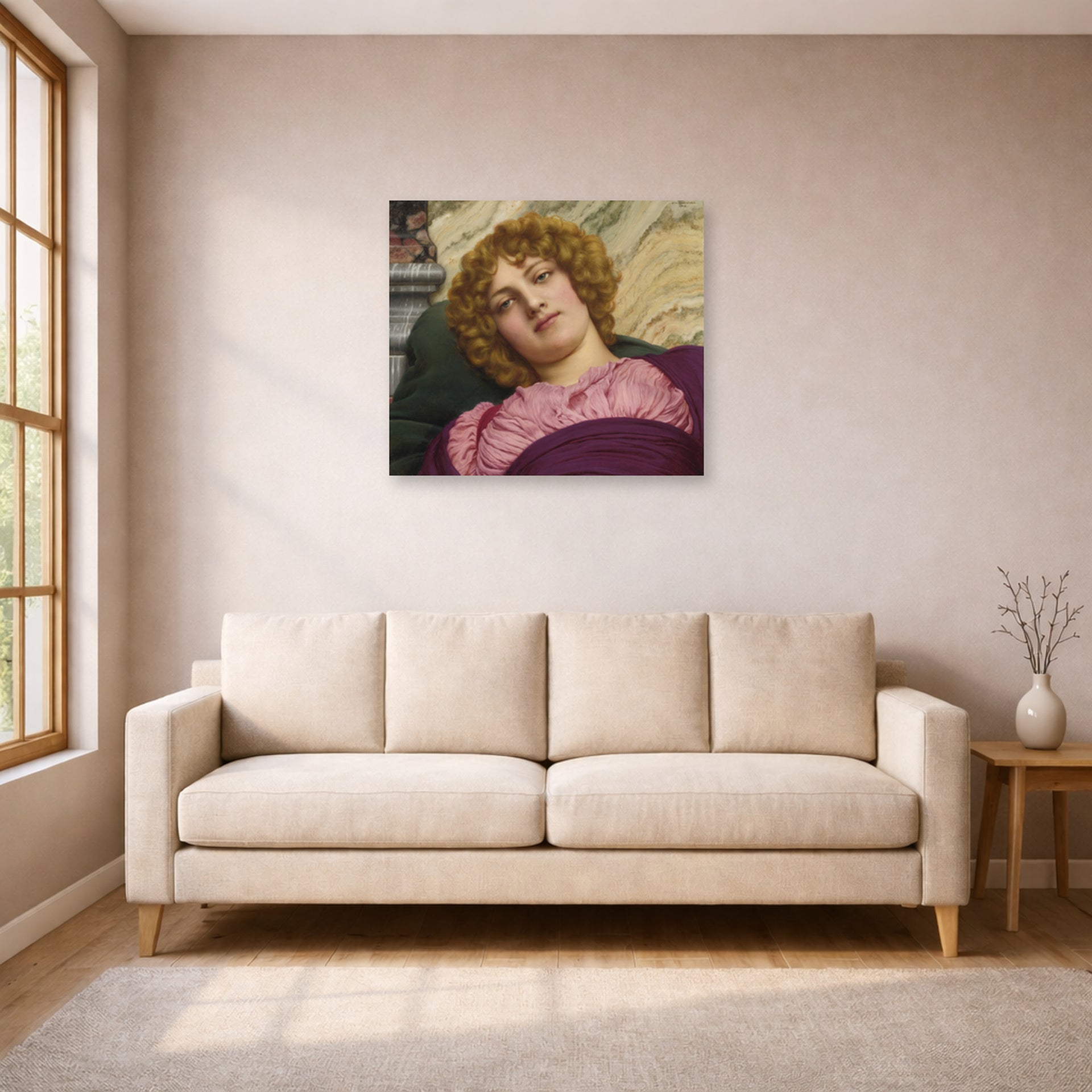 Unframed poster print of John William Godward's Myrhinna displayed on a wall in a living room