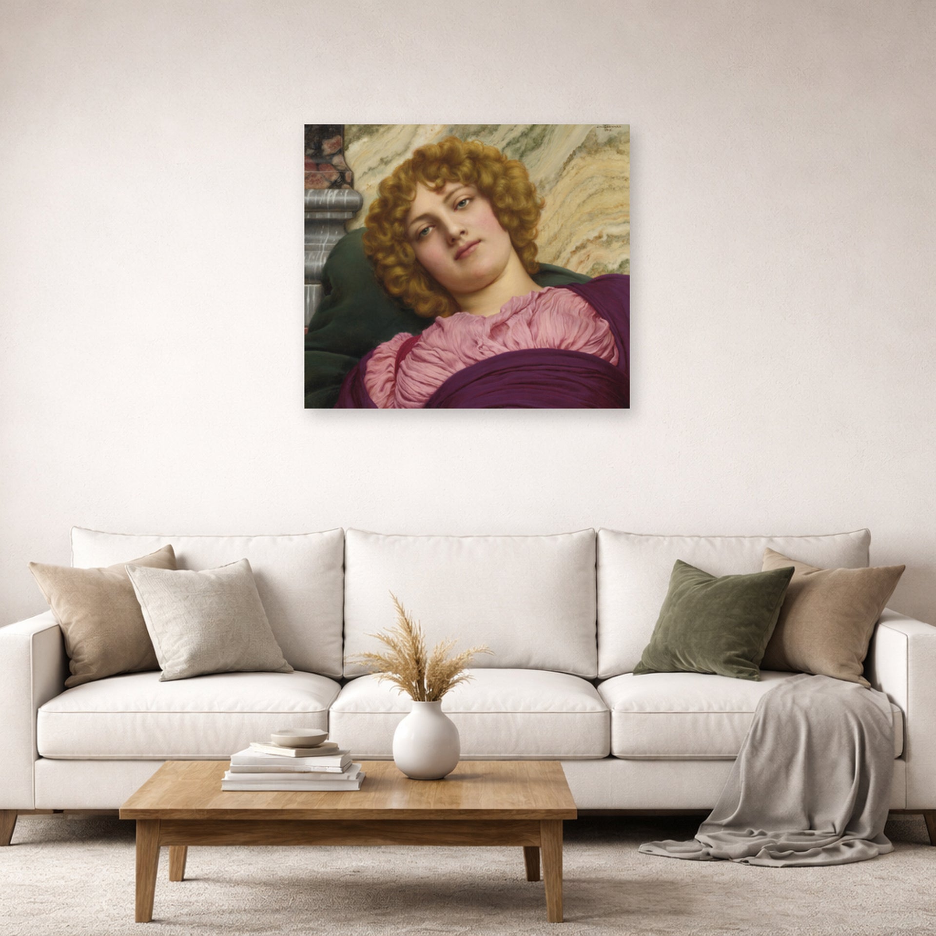 Unframed poster print of John William Godward's Myrhinna displayed on a wall in a living room