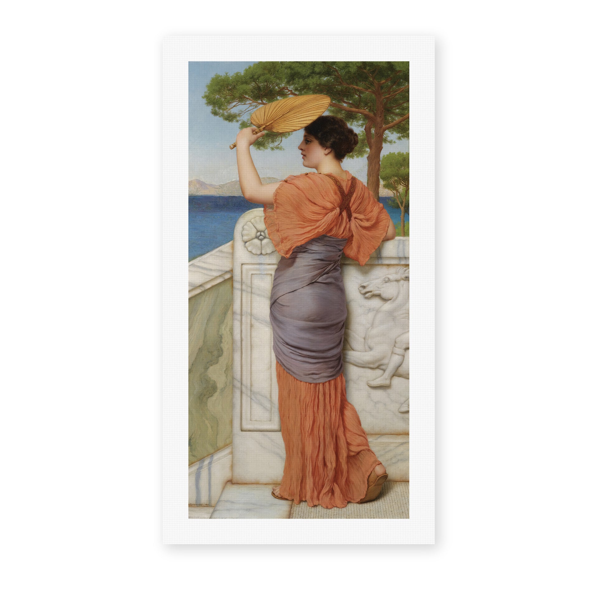John William Godward's 'On The Balcony' painting reproduced as a rolled canvas print