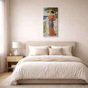 Gallery-wrapped canvas print of John William Godward's On The Balcony displayed on a wall in a bedroom