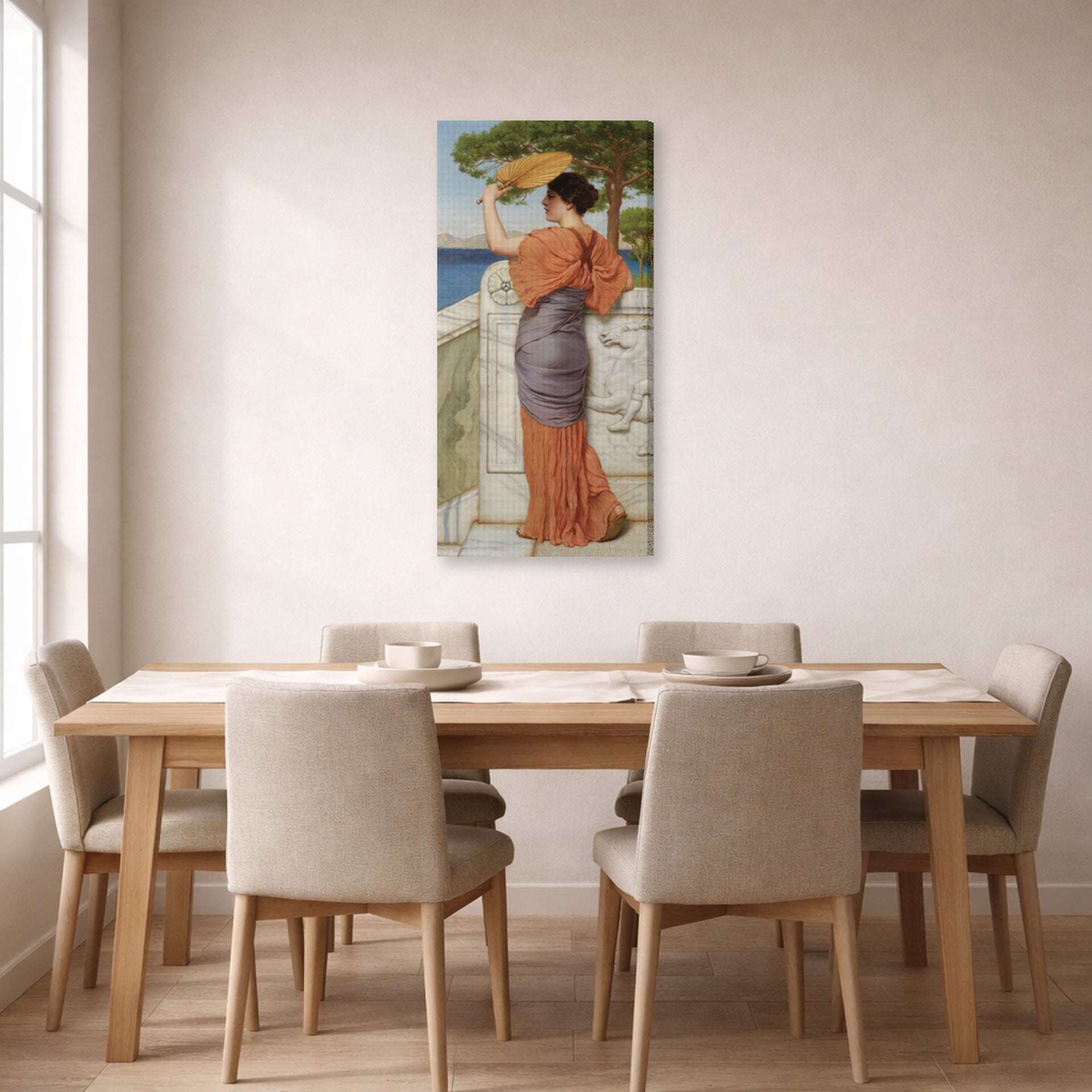 Gallery-wrapped canvas print of John William Godward's On The Balcony displayed on a wall in a dining room