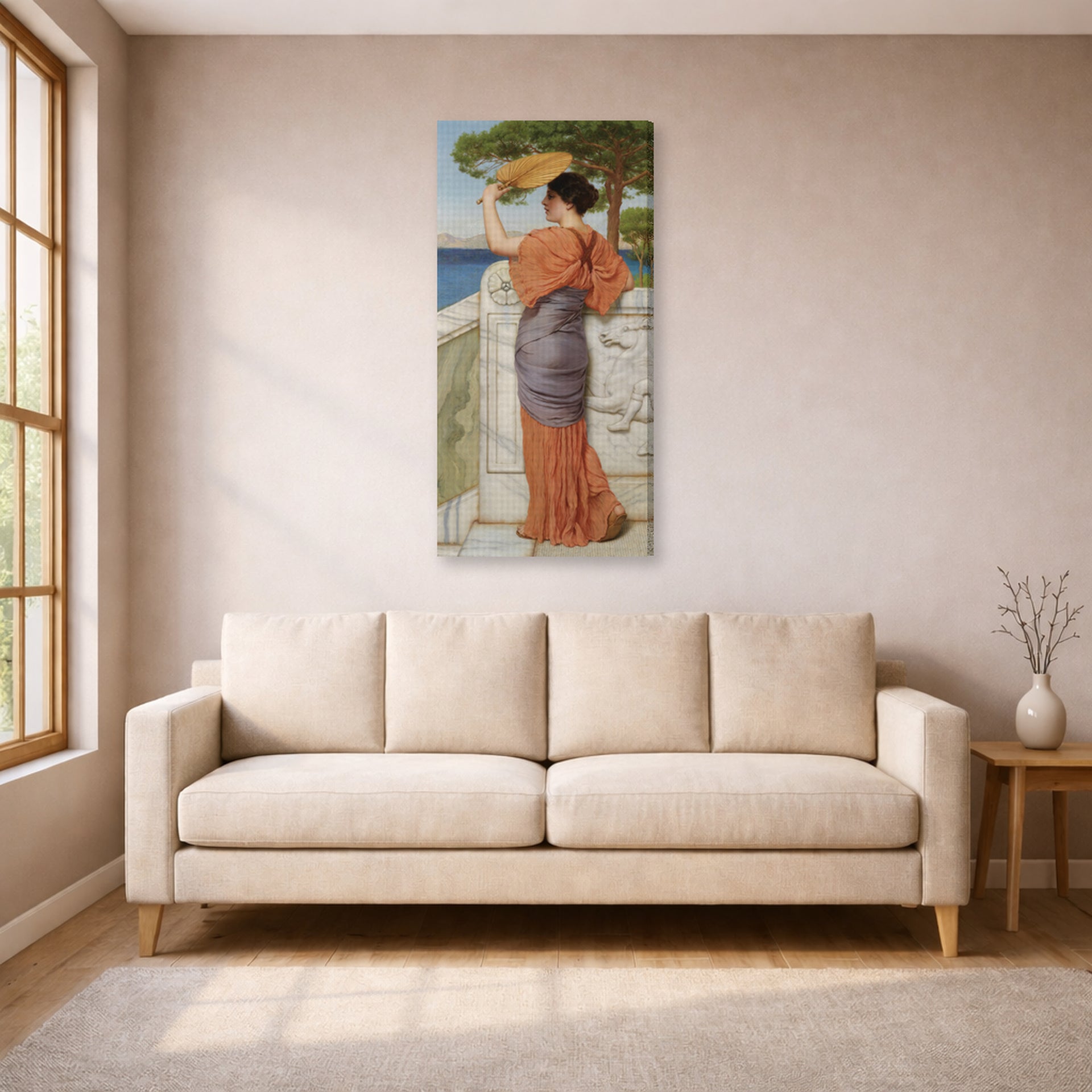 Gallery-wrapped canvas print of John William Godward's On The Balcony displayed on a wall in a living room