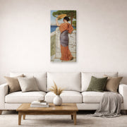 Gallery-wrapped canvas print of John William Godward's On The Balcony displayed on a wall in a living room
