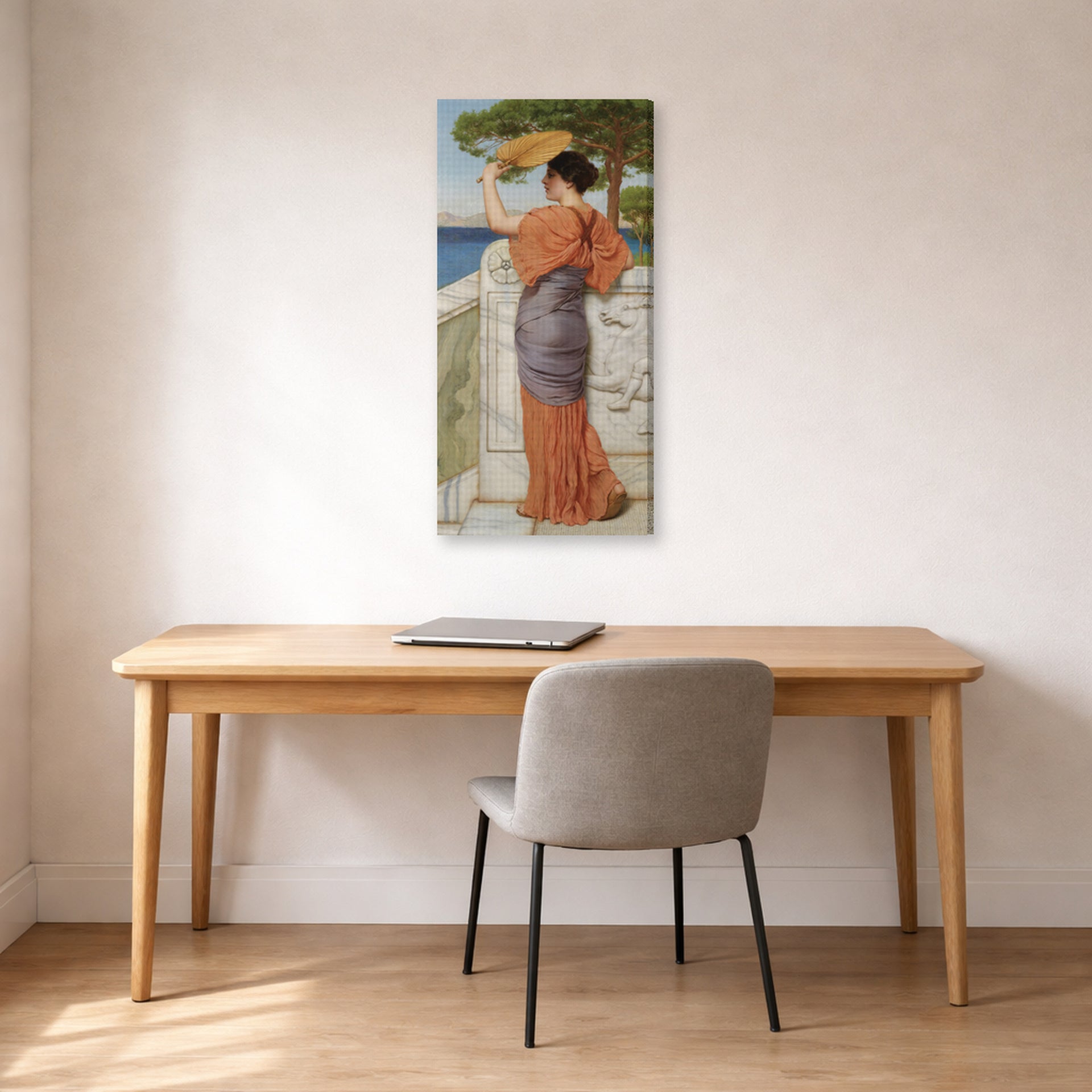 Gallery-wrapped canvas print of John William Godward's On The Balcony displayed on a wall in an office