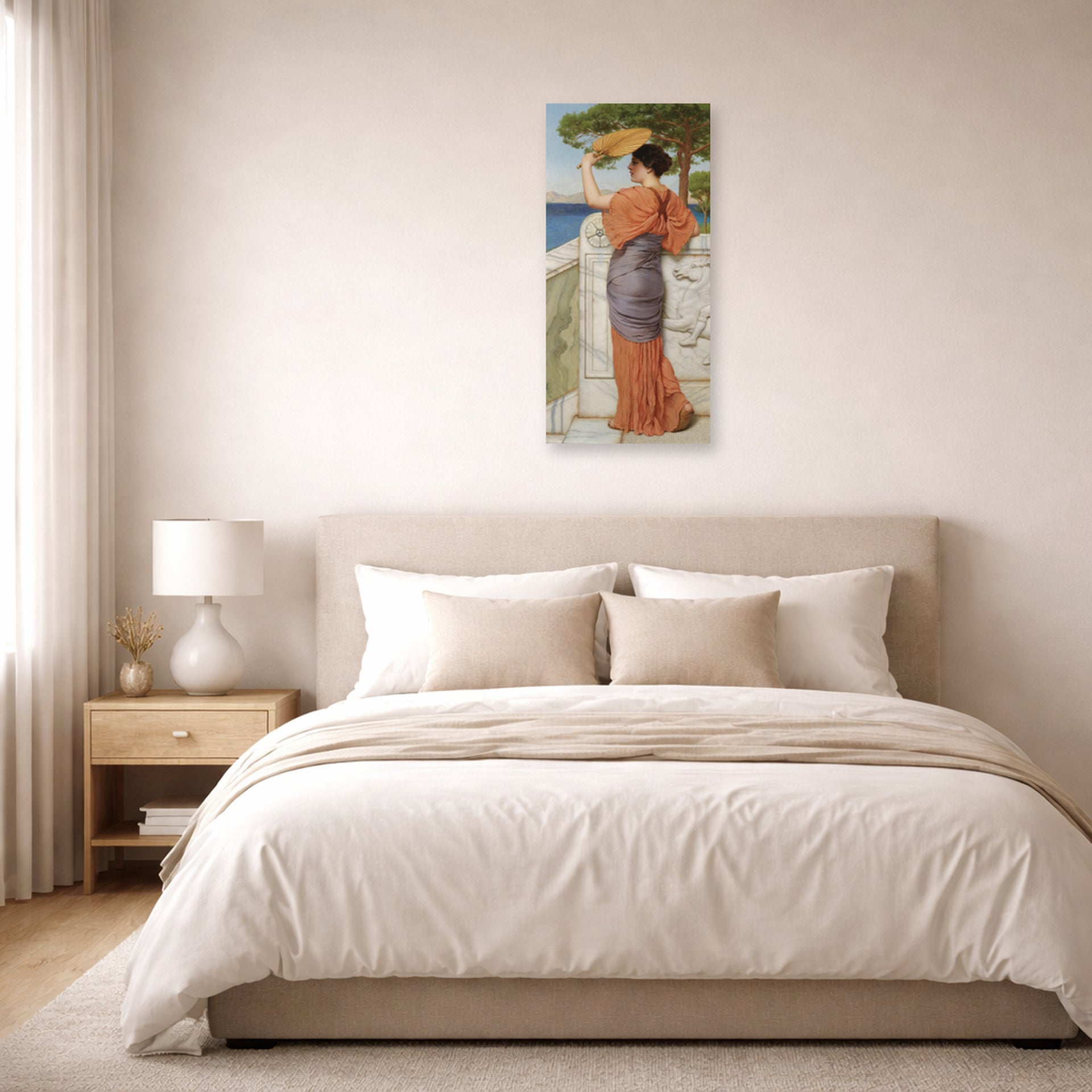 Unframed poster print of John William Godward's On The Balcony displayed on a wall in a bedroom