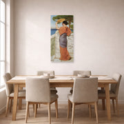 Unframed poster print of John William Godward's On The Balcony displayed on a wall in a dining room