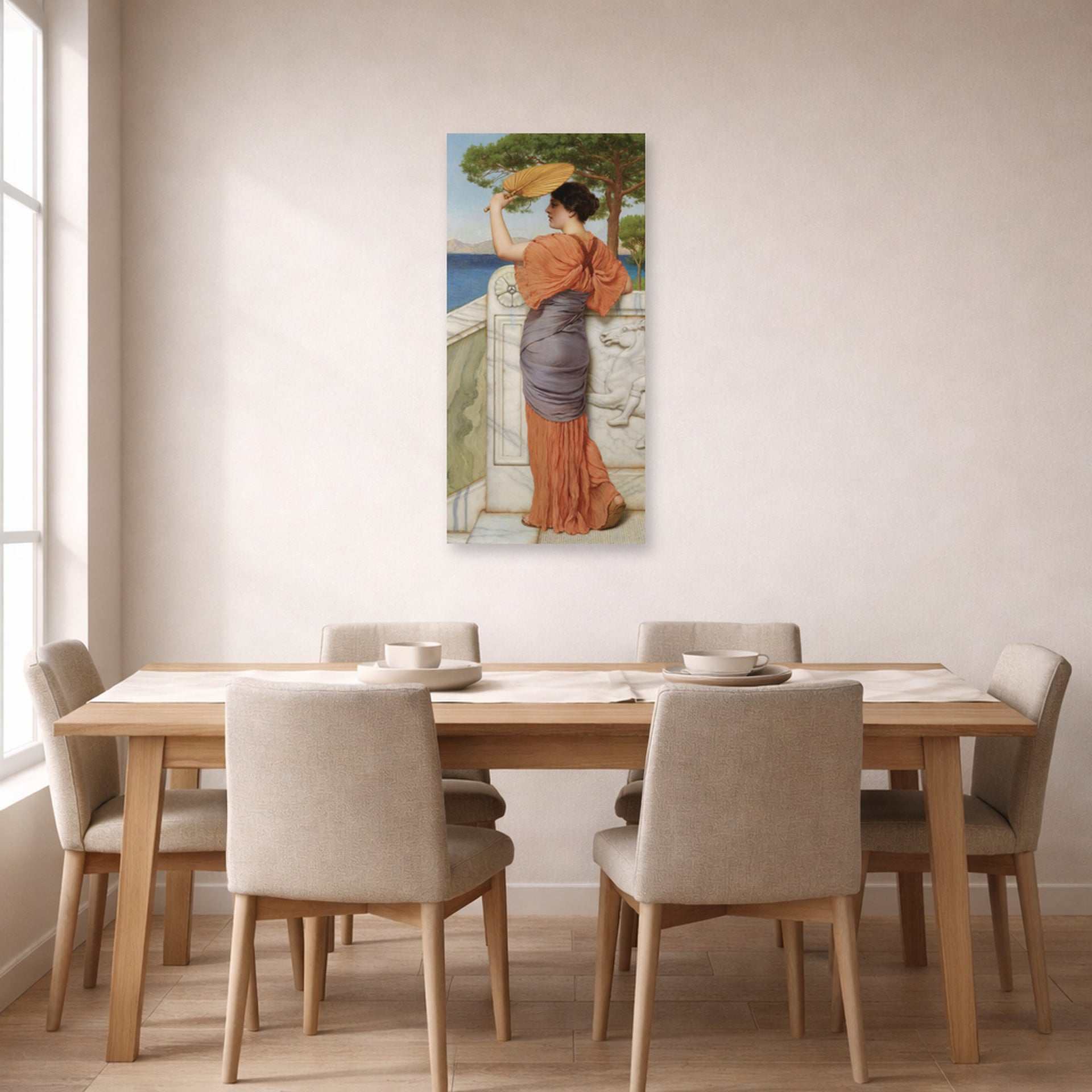 Unframed poster print of John William Godward's On The Balcony displayed on a wall in a dining room