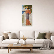 Unframed poster print of John William Godward's On The Balcony displayed on a wall in a living room