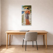Unframed poster print of John William Godward's On The Balcony displayed on a wall in an office