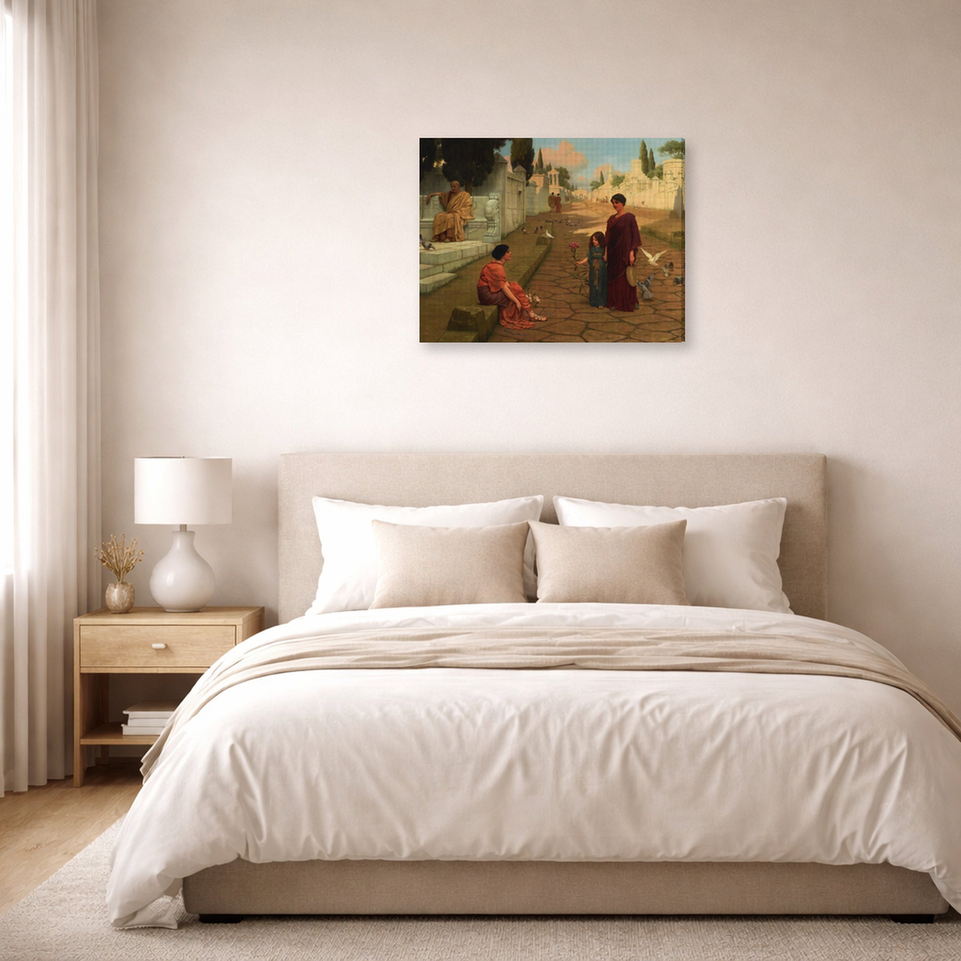 Gallery-wrapped canvas print of John William Godward's Outside The Gate Of Pompeii displayed on a wall in a bedroom