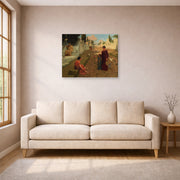 Gallery-wrapped canvas print of John William Godward's Outside The Gate Of Pompeii displayed on a wall in a living room