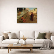 Gallery-wrapped canvas print of John William Godward's Outside The Gate Of Pompeii displayed on a wall in a living room