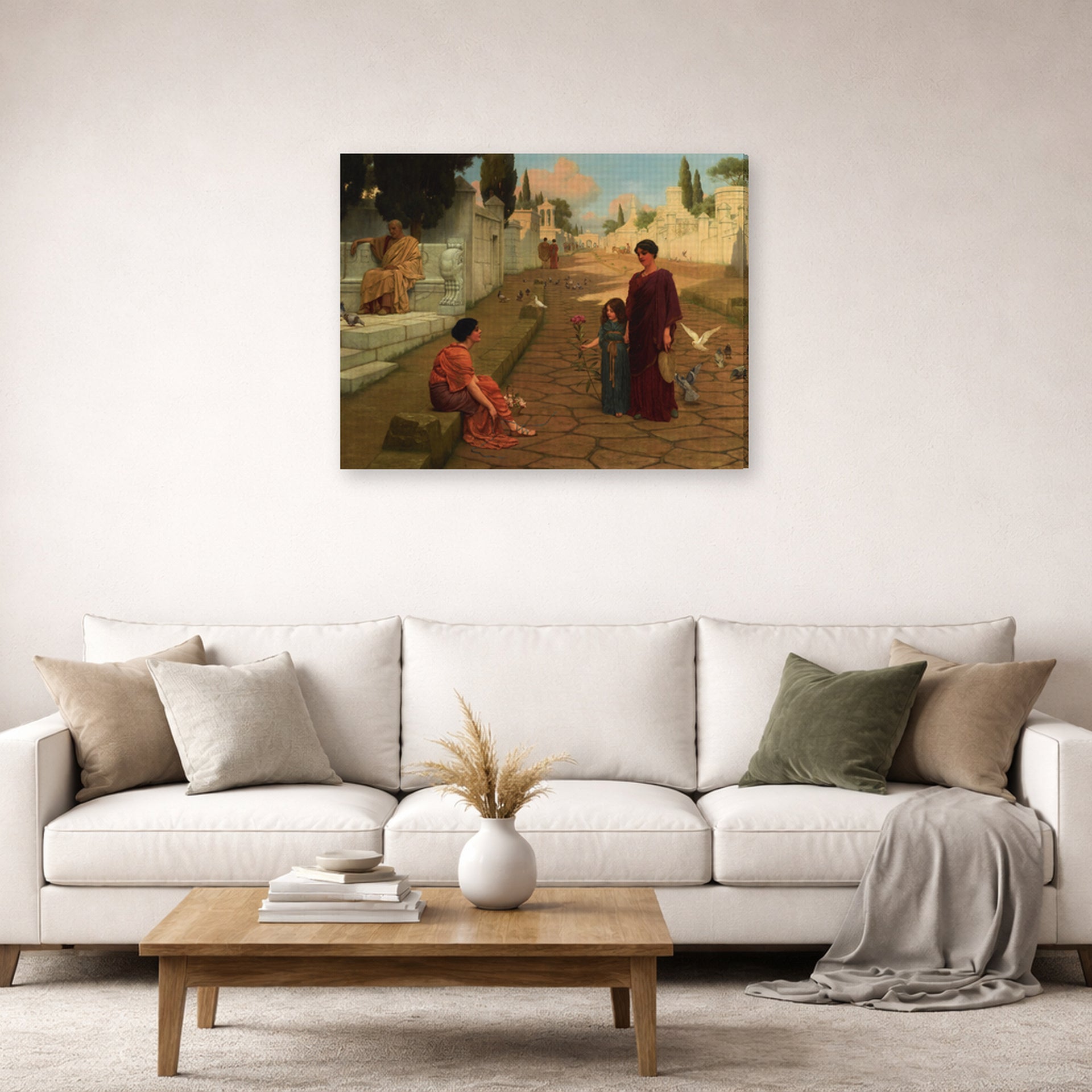 Gallery-wrapped canvas print of John William Godward's Outside The Gate Of Pompeii displayed on a wall in a living room