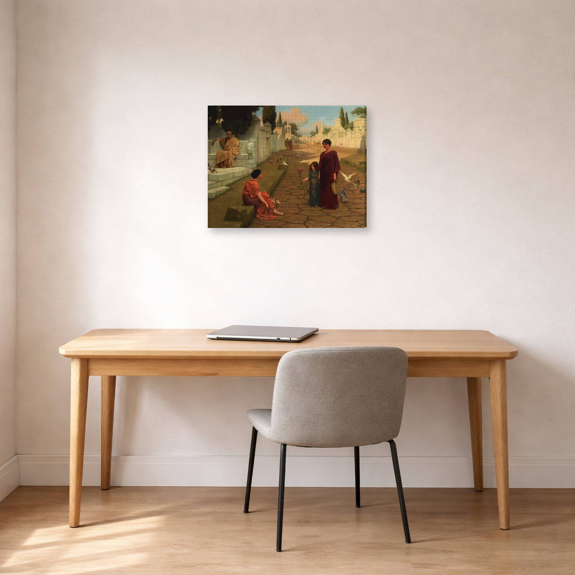 Gallery-wrapped canvas print of John William Godward's Outside The Gate Of Pompeii displayed on a wall in an office