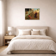 Unframed poster print of John William Godward's Outside The Gate Of Pompeii displayed on a wall in a bedroom