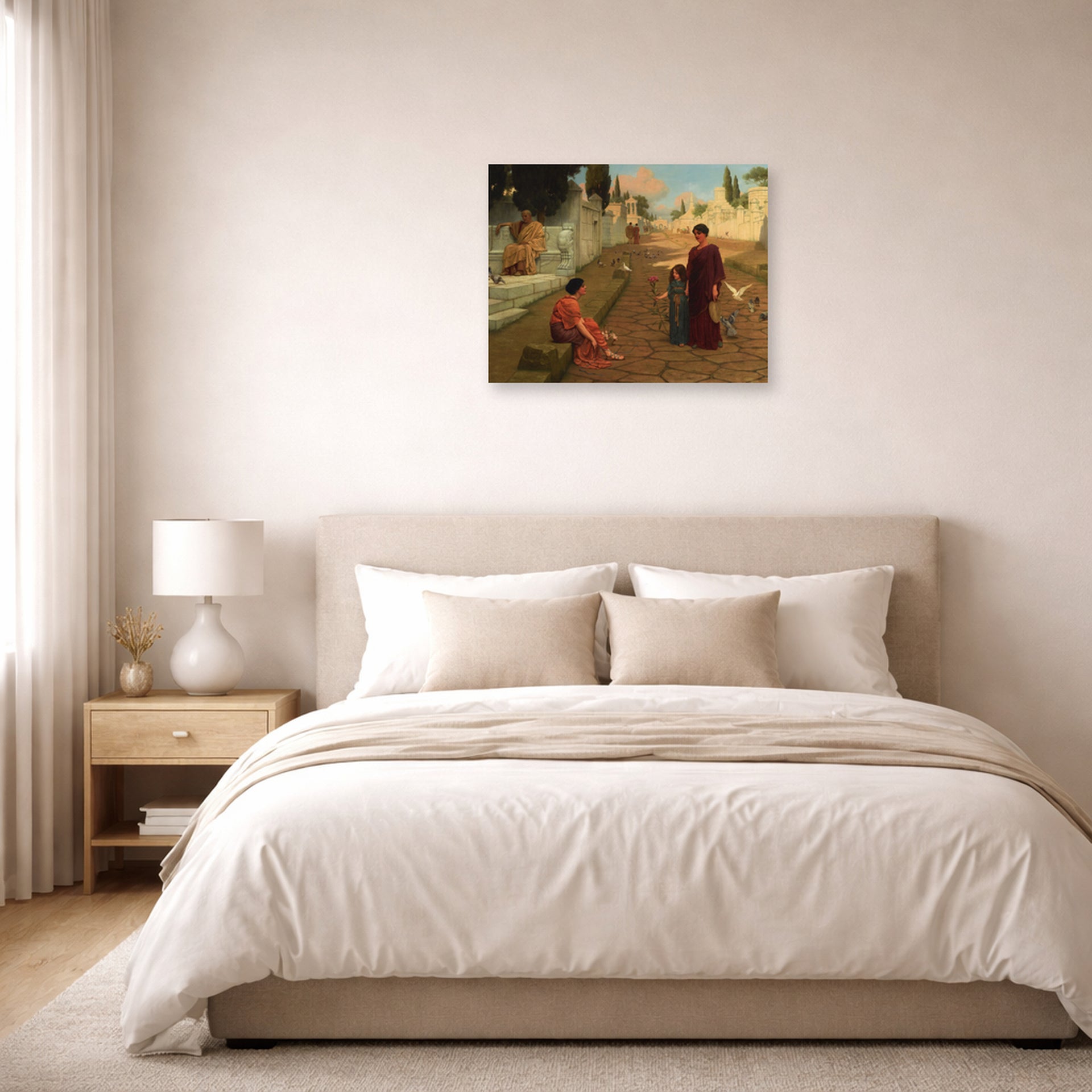 Unframed poster print of John William Godward's Outside The Gate Of Pompeii displayed on a wall in a bedroom