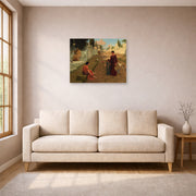 Unframed poster print of John William Godward's Outside The Gate Of Pompeii displayed on a wall in a living room