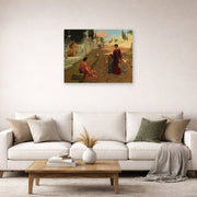 Unframed poster print of John William Godward's Outside The Gate Of Pompeii displayed on a wall in a living room