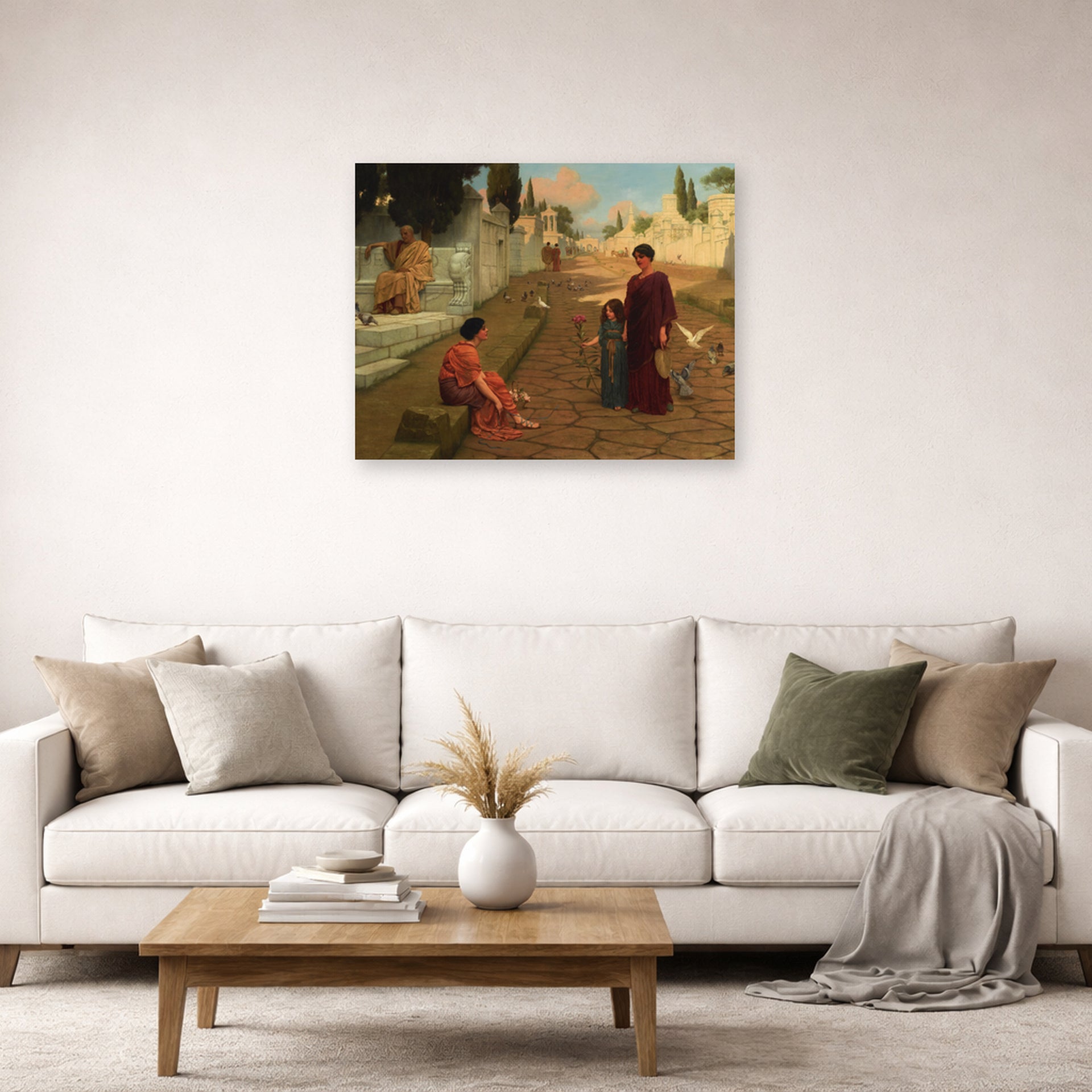 Unframed poster print of John William Godward's Outside The Gate Of Pompeii displayed on a wall in a living room