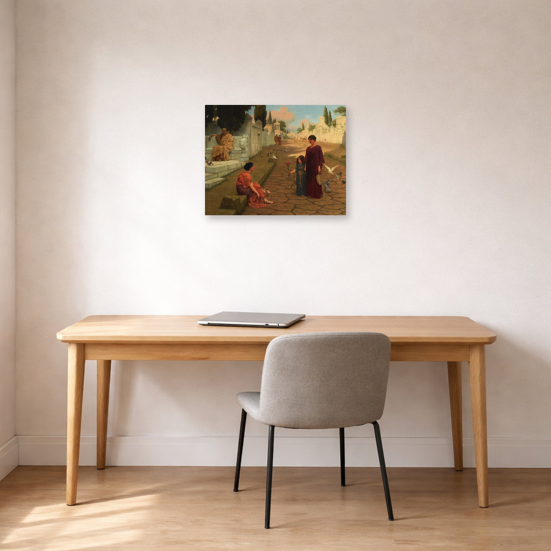 Unframed poster print of John William Godward's Outside The Gate Of Pompeii displayed on a wall in an office