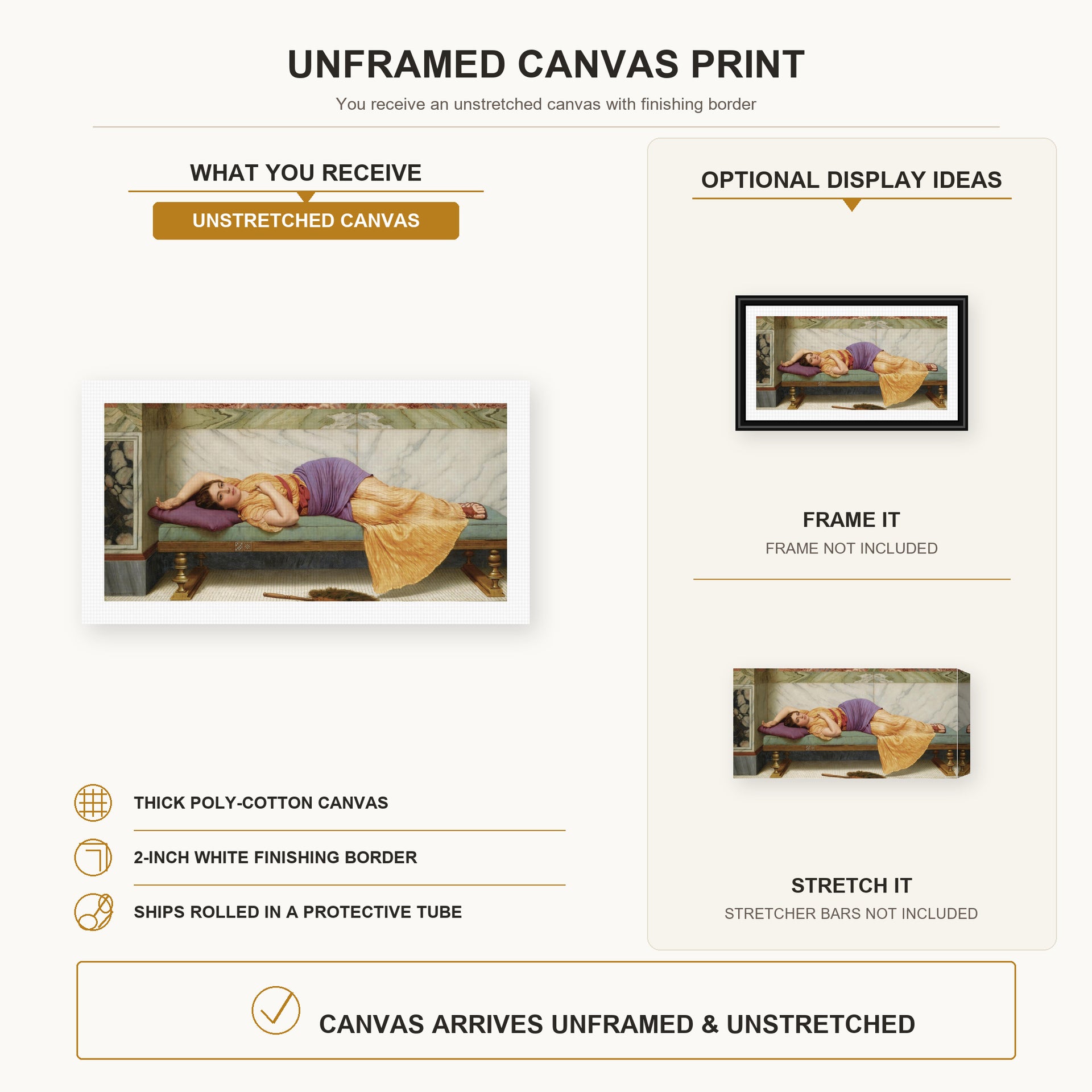 John William Godward - The Day Dream canvas print size comparison and framing display infographic