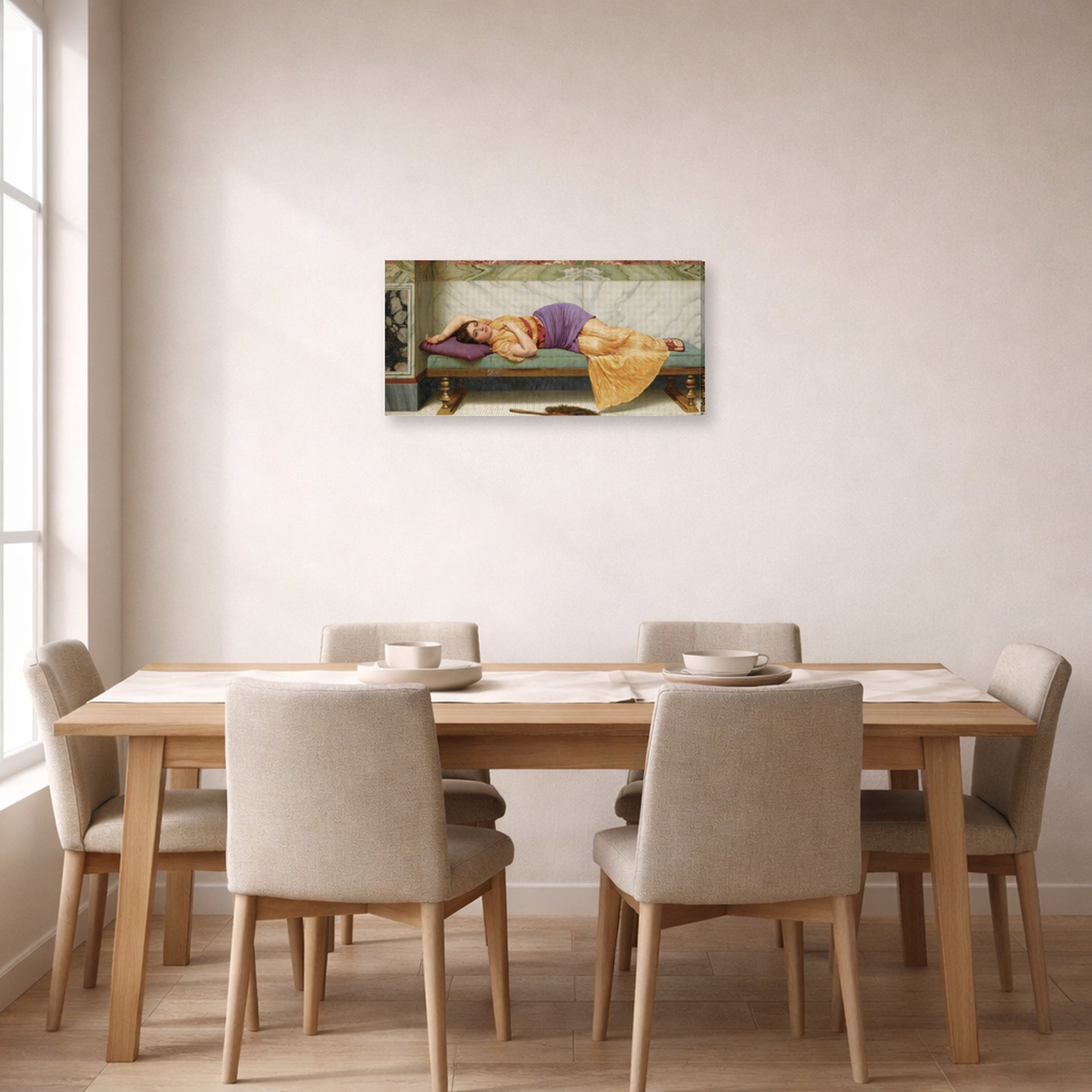 Gallery-wrapped canvas print of John William Godward's The Day Dream displayed on a wall in a dining room