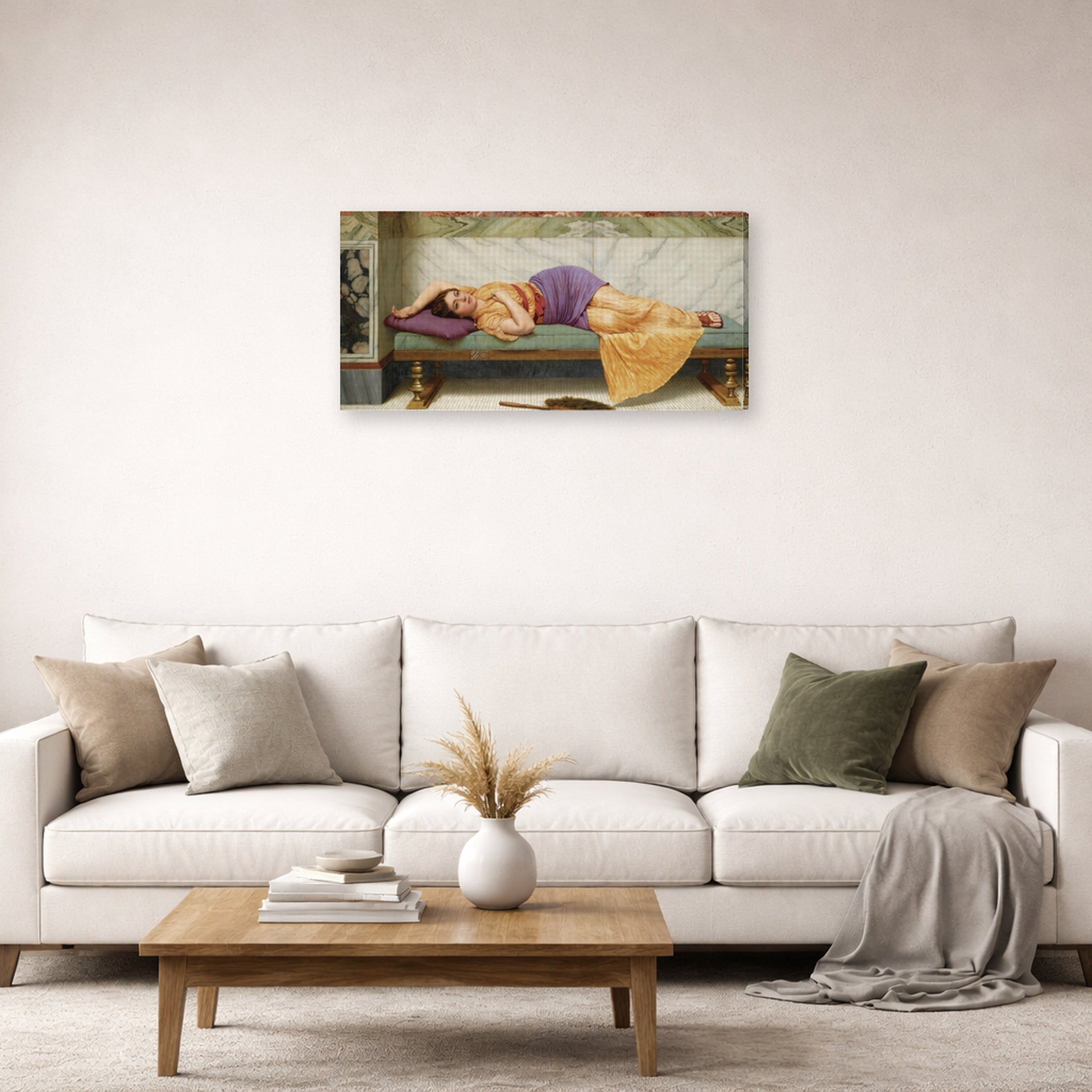 Gallery-wrapped canvas print of John William Godward's The Day Dream displayed on a wall in a living room