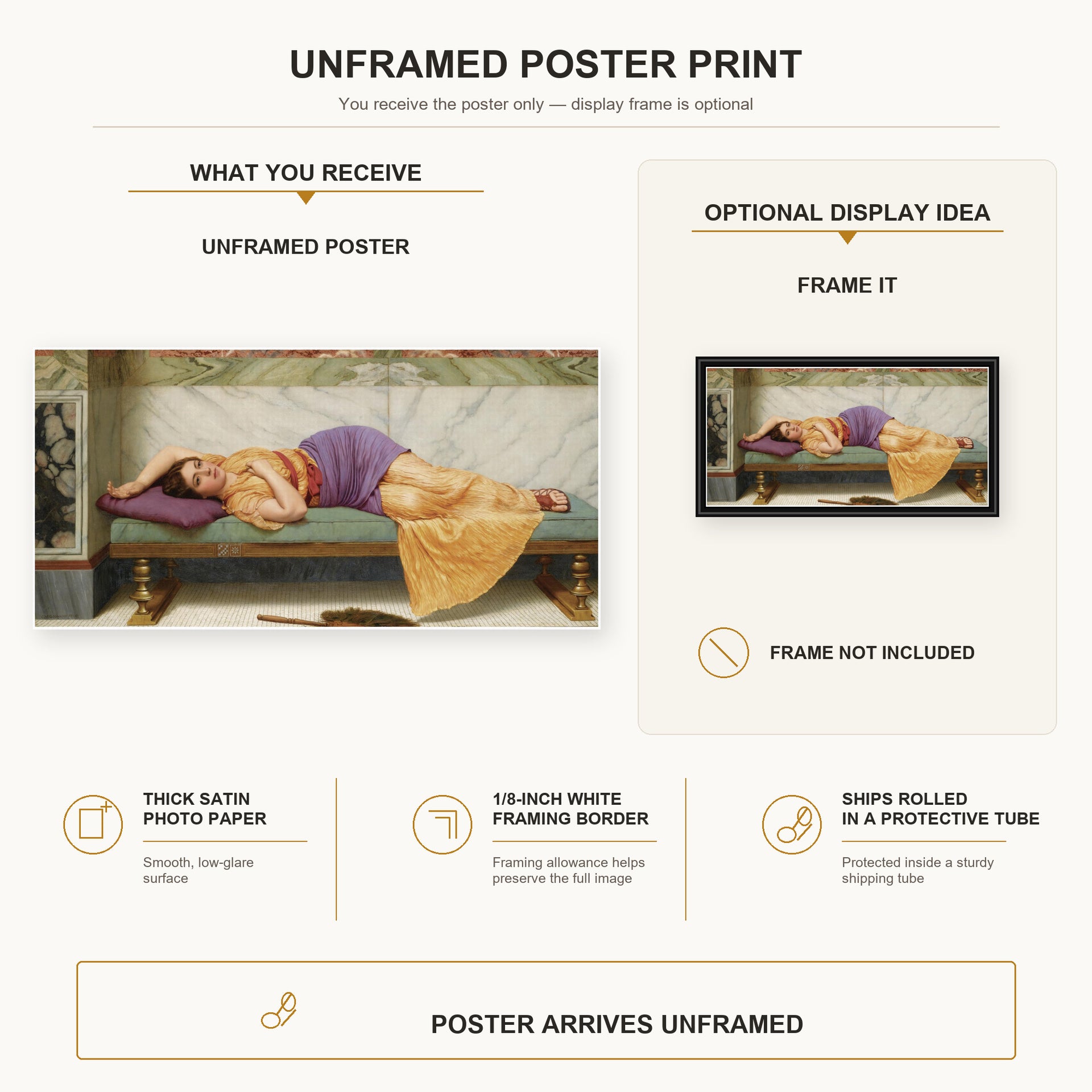 John William Godward - The Day Dream poster print size comparison and framing display infographic