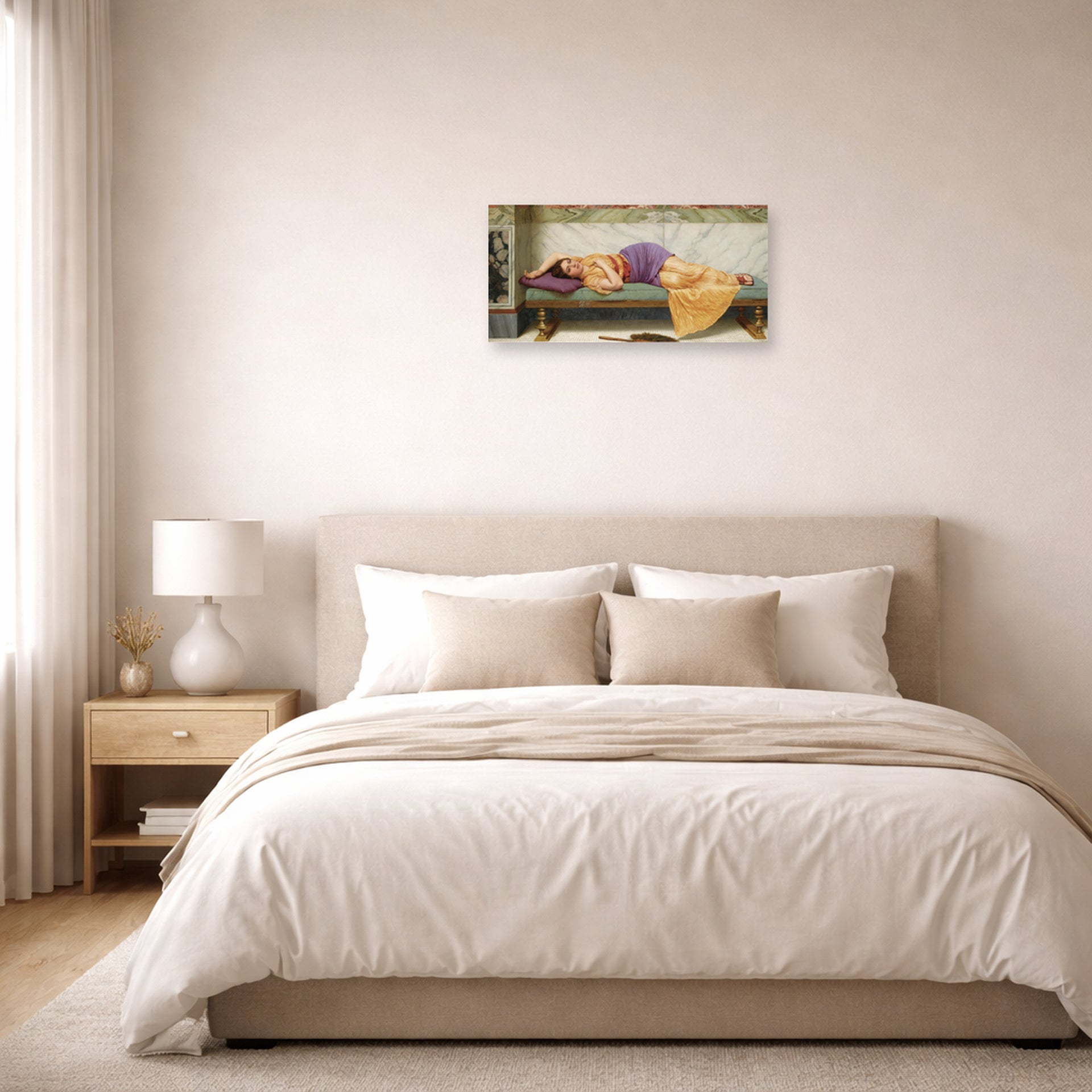 Unframed poster print of John William Godward's The Day Dream displayed on a wall in a bedroom