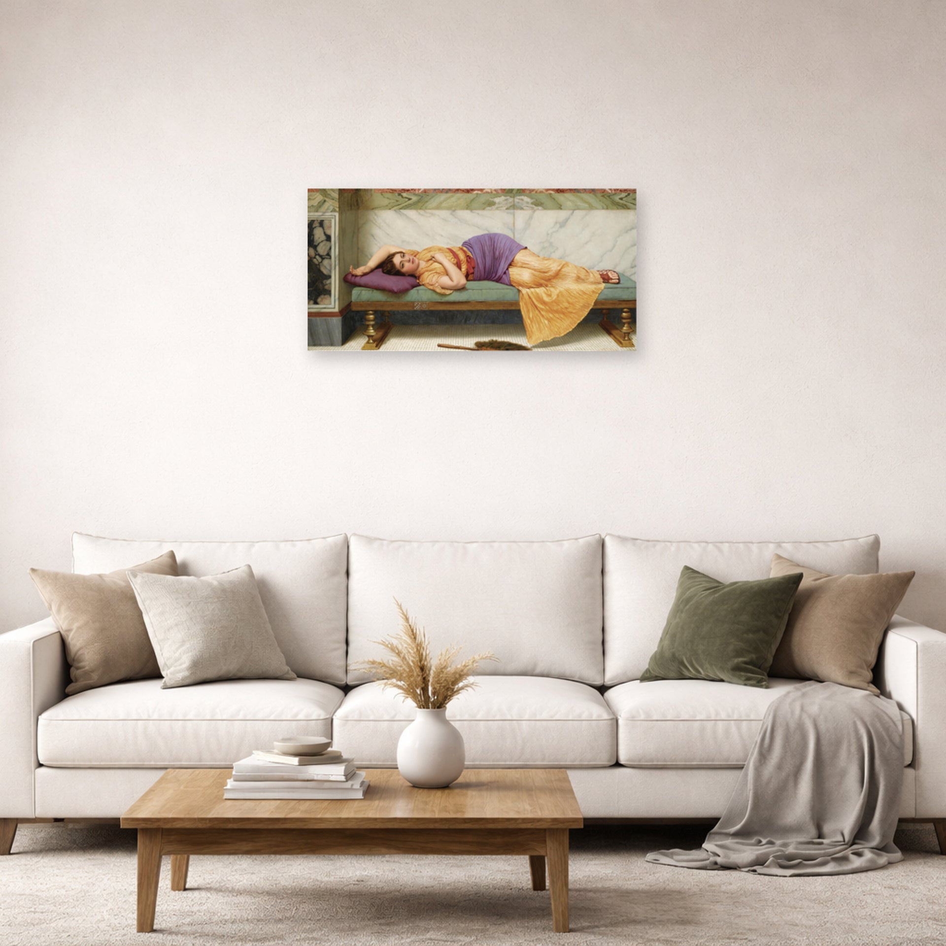 Unframed poster print of John William Godward's The Day Dream displayed on a wall in a living room