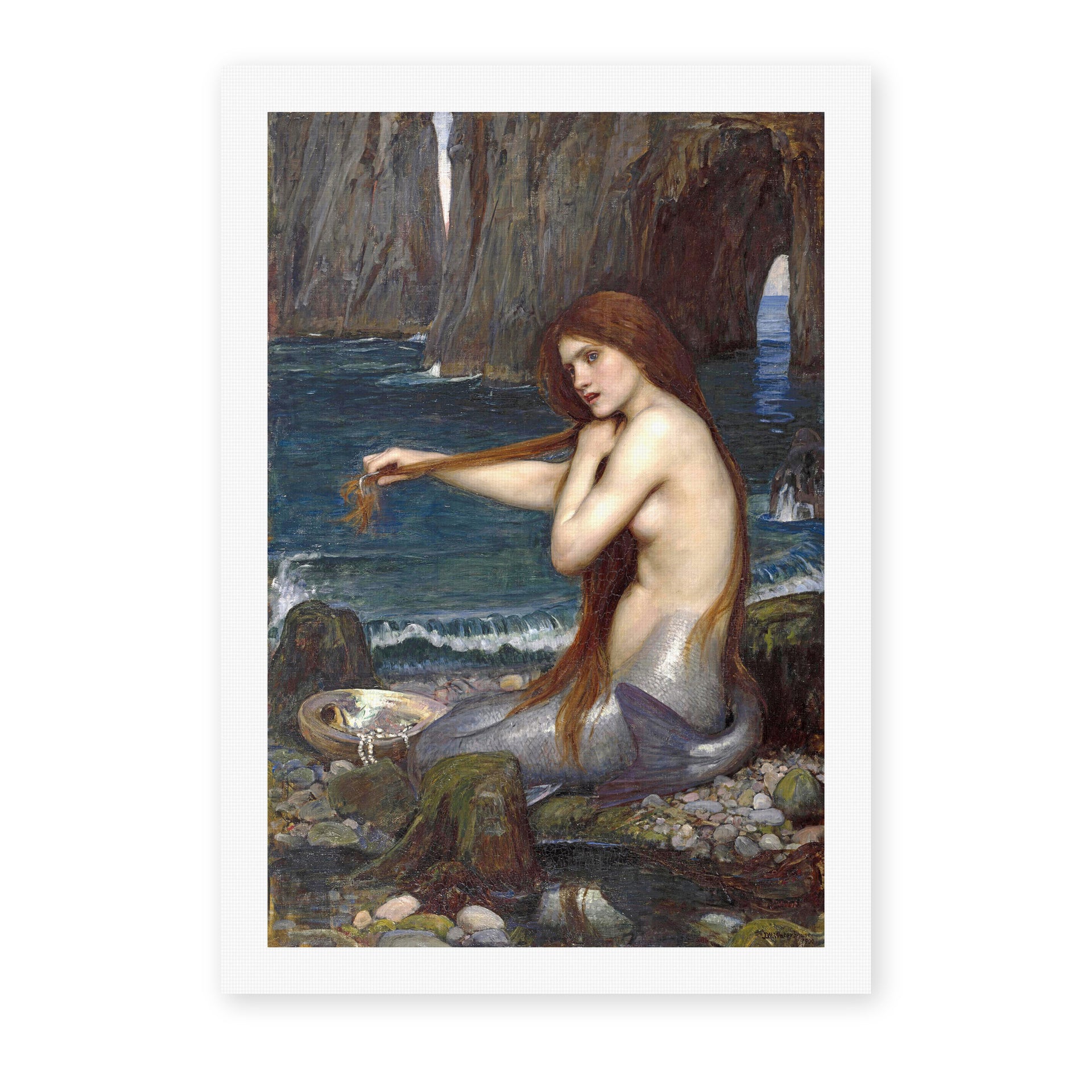 John William Waterhouse's 'A Mermaid' painting reproduced as a rolled canvas print