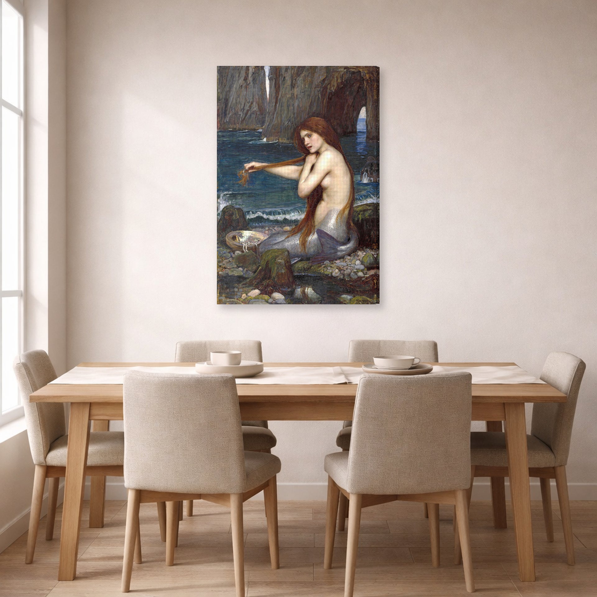 Gallery-wrapped canvas print of John William Waterhouse's A Mermaid displayed on a wall in a dining room