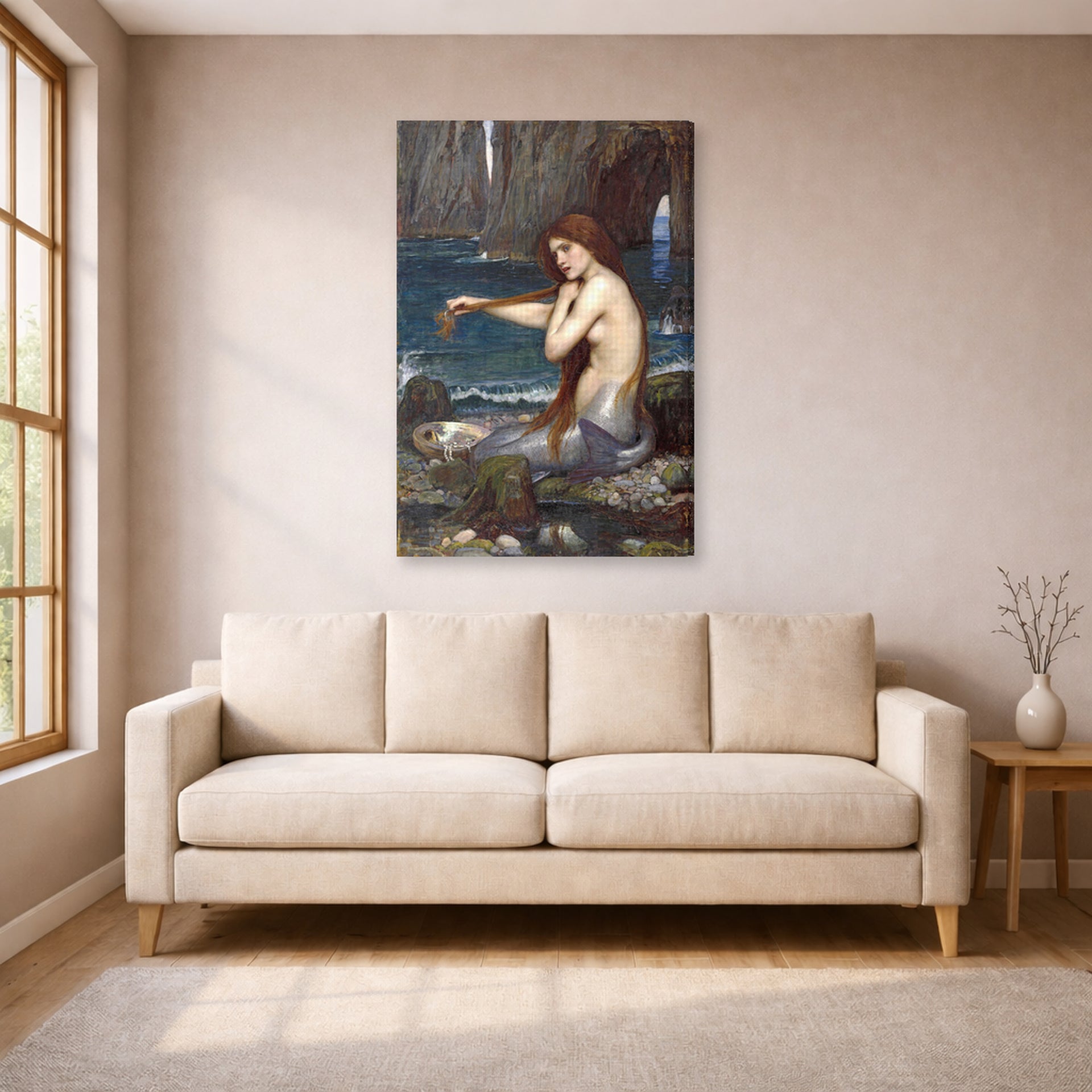 Gallery-wrapped canvas print of John William Waterhouse's A Mermaid displayed on a wall in a living room