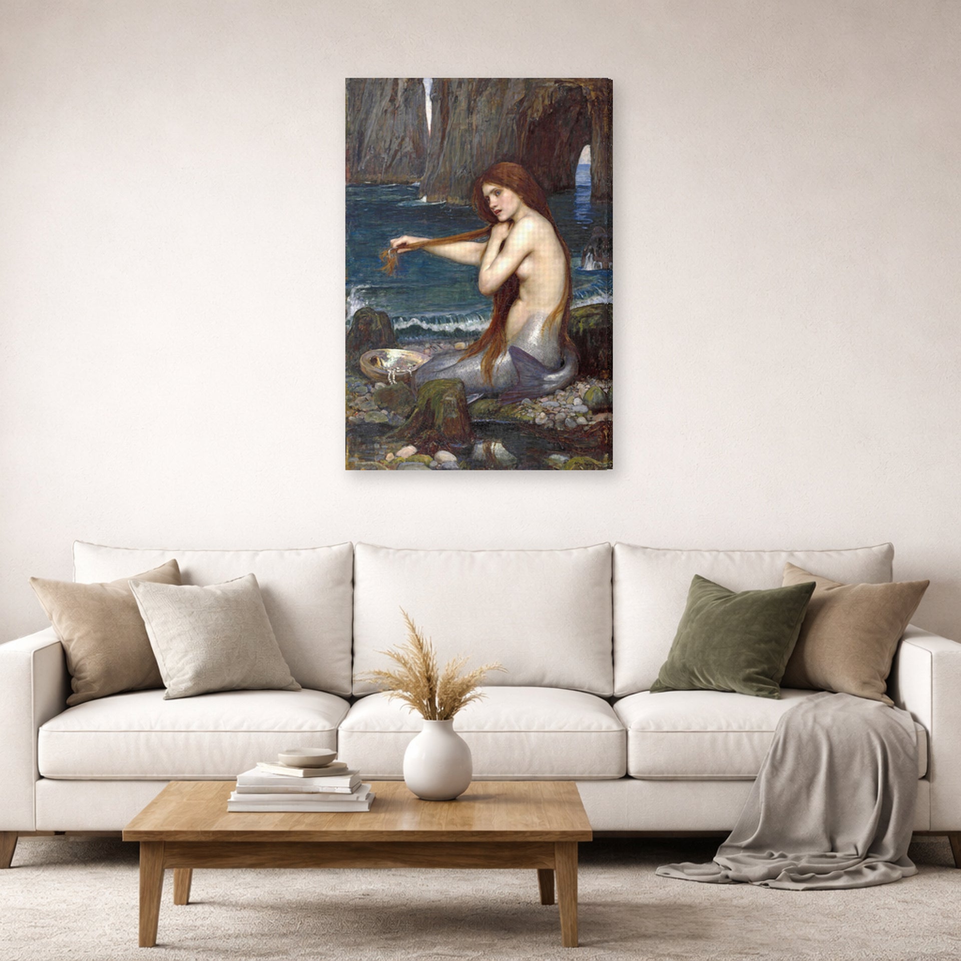 Gallery-wrapped canvas print of John William Waterhouse's A Mermaid displayed on a wall in a living room