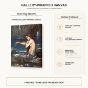 John William Waterhouse - A Mermaid gallery wrap canvas construction and hanging details infographic