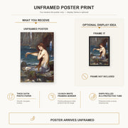 John William Waterhouse - A Mermaid poster print size comparison and framing display infographic