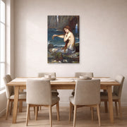 Unframed poster print of John William Waterhouse's A Mermaid displayed on a wall in a dining room