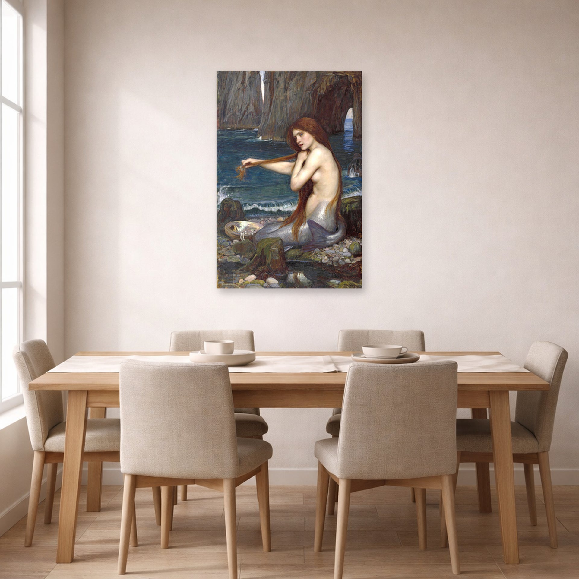 Unframed poster print of John William Waterhouse's A Mermaid displayed on a wall in a dining room
